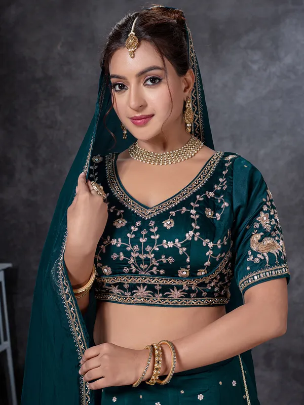 Teal blue lehenga choli with zardosi work