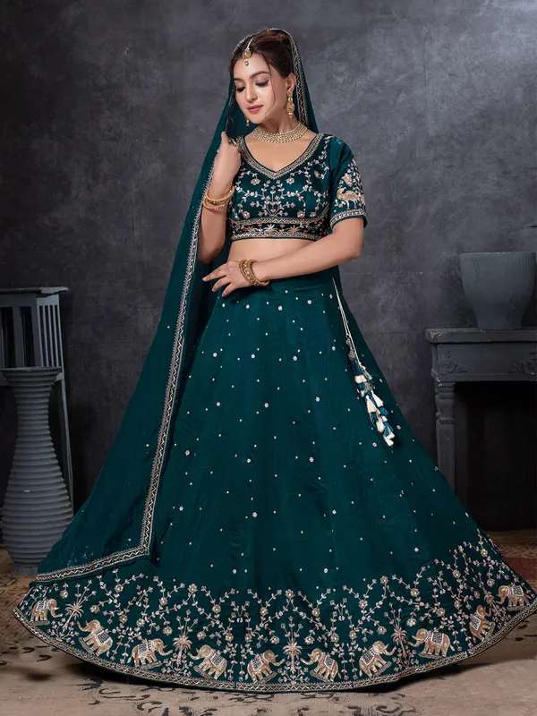 Teal blue lehenga choli with zardosi work