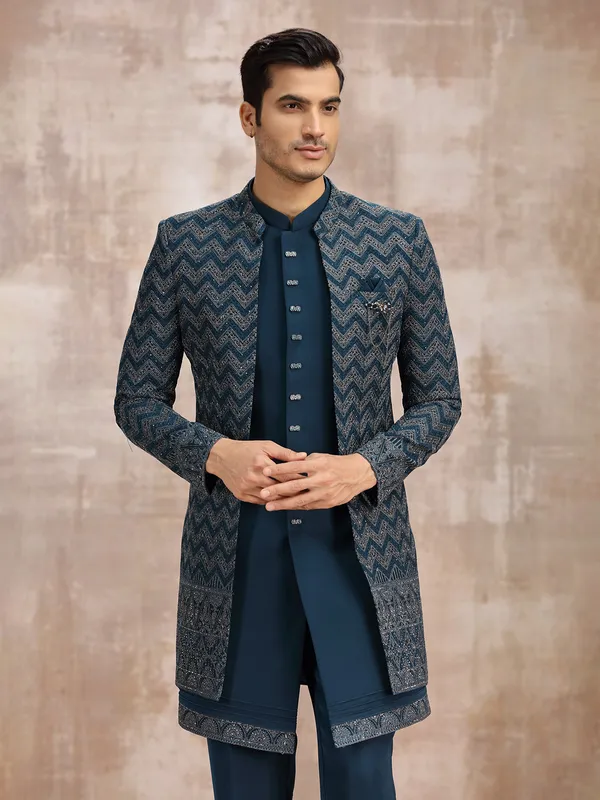 Teal blue men indowestern set set for wedding