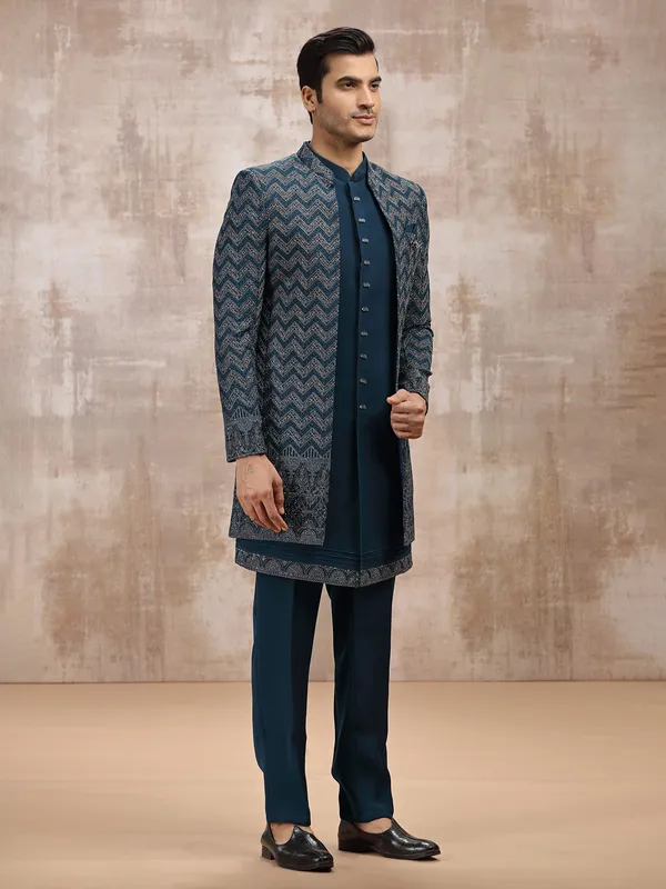 Teal blue men indowestern set set for wedding