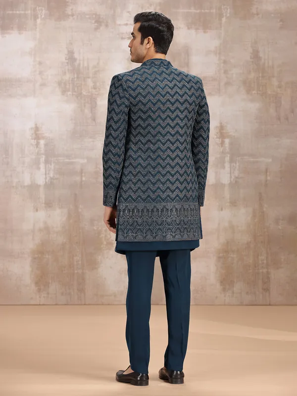 Teal blue men indowestern set set for wedding
