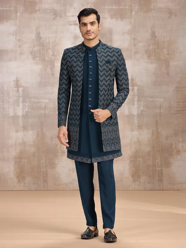 Teal blue men indowestern set set for wedding