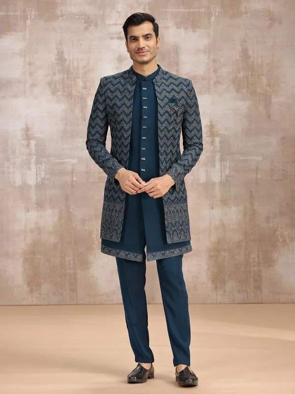Teal blue men indowestern set set for wedding