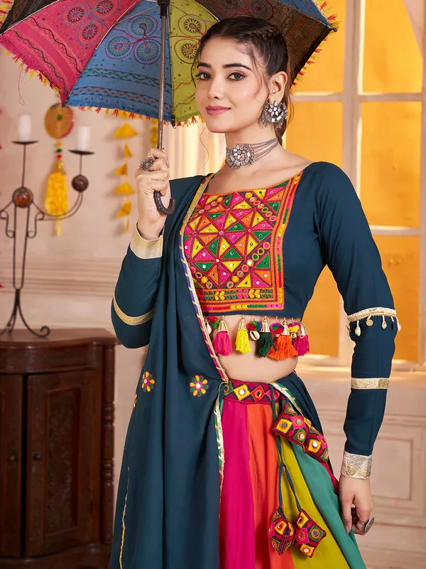 Teal blue navratri chaniya choli with beads and mirror work