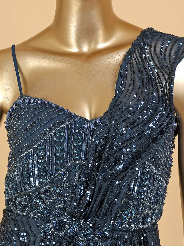 Teal blue net designer gown