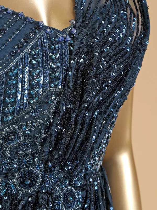 Teal blue net designer gown