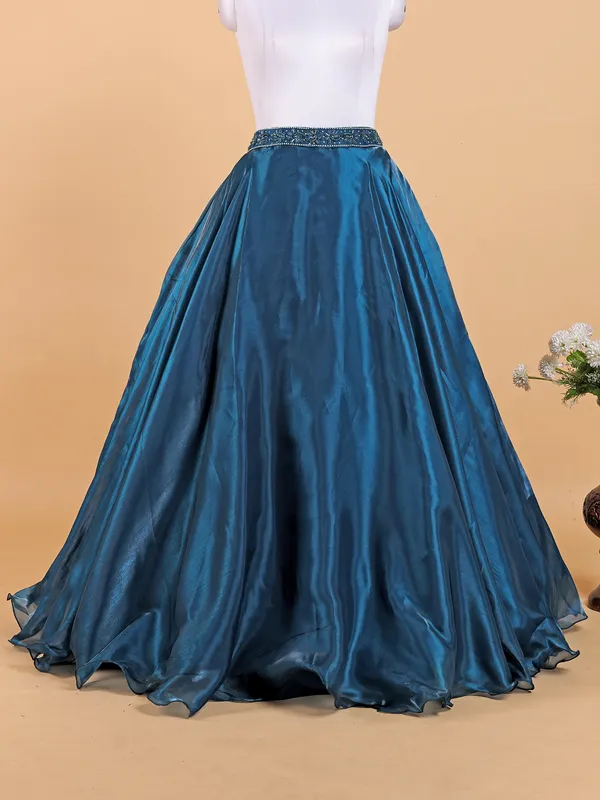 Teal blue organza lehenga choli with dupatta