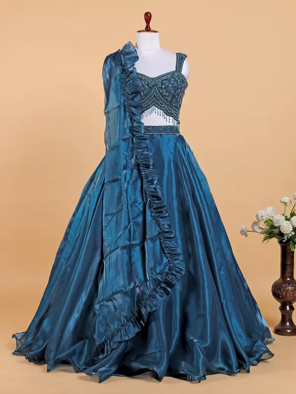 Teal blue organza lehenga choli with dupatta