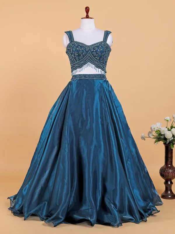Teal blue organza lehenga choli with dupatta