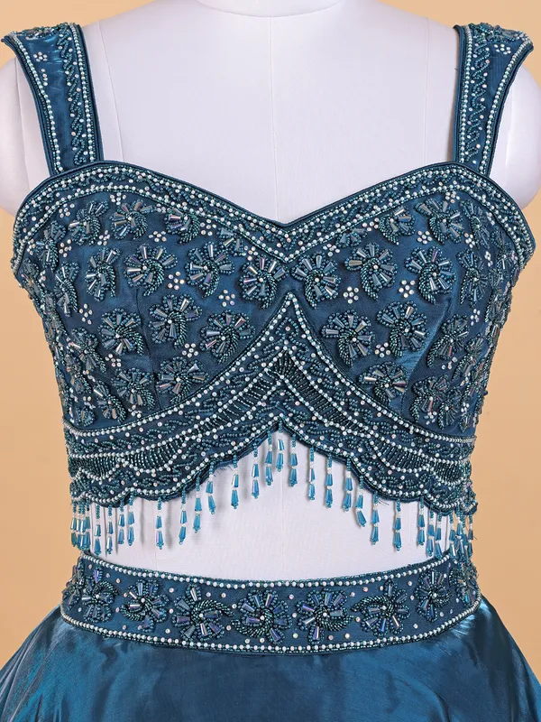 Teal blue organza lehenga choli with dupatta