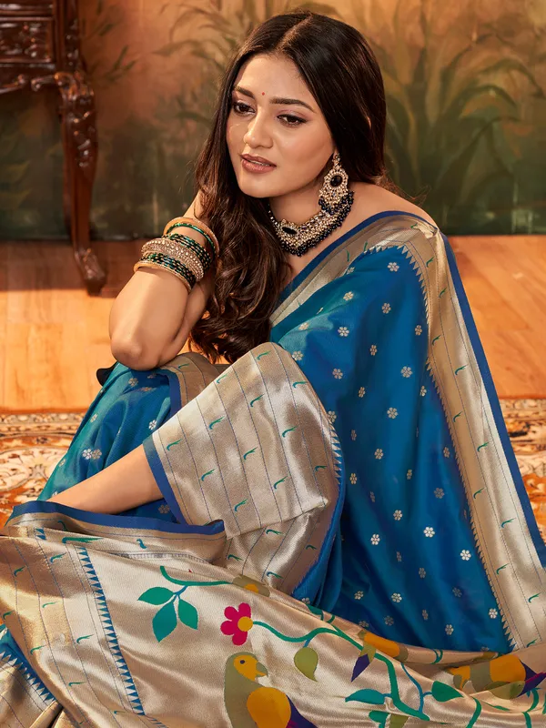 Teal blue paithani silk saree for wedding