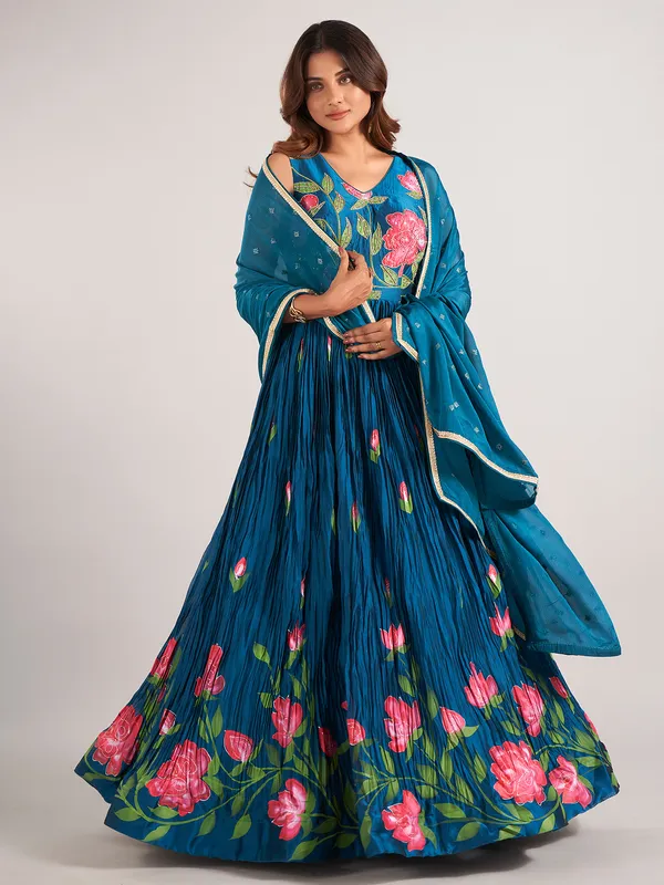 Teal blue printed anarakali suit with dupatta