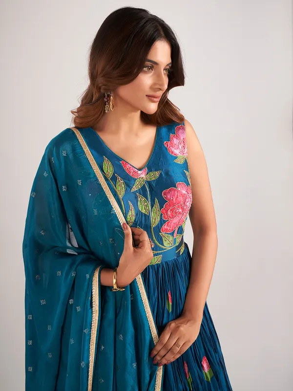 Teal blue printed anarakali suit with dupatta