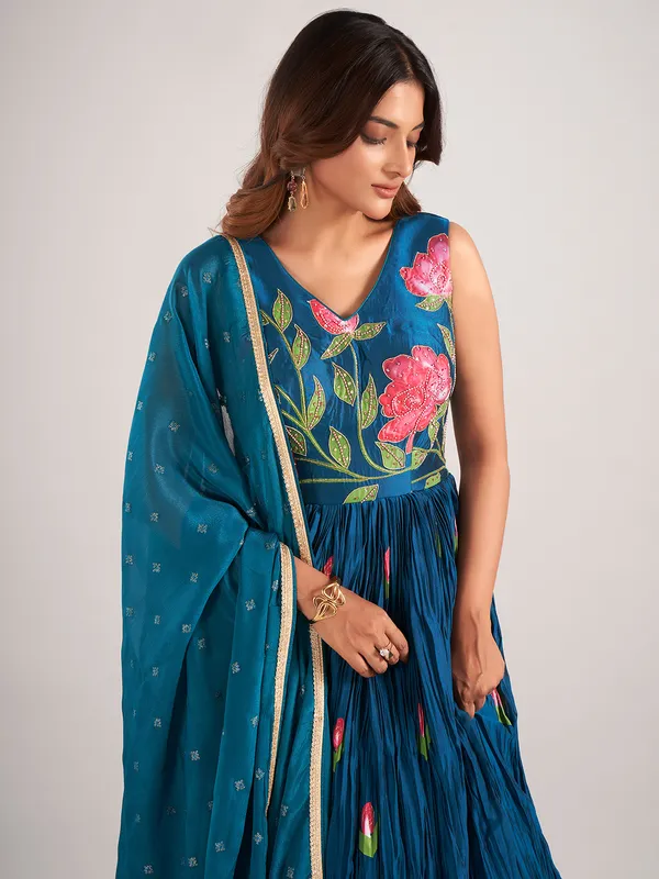 Teal blue printed anarakali suit with dupatta