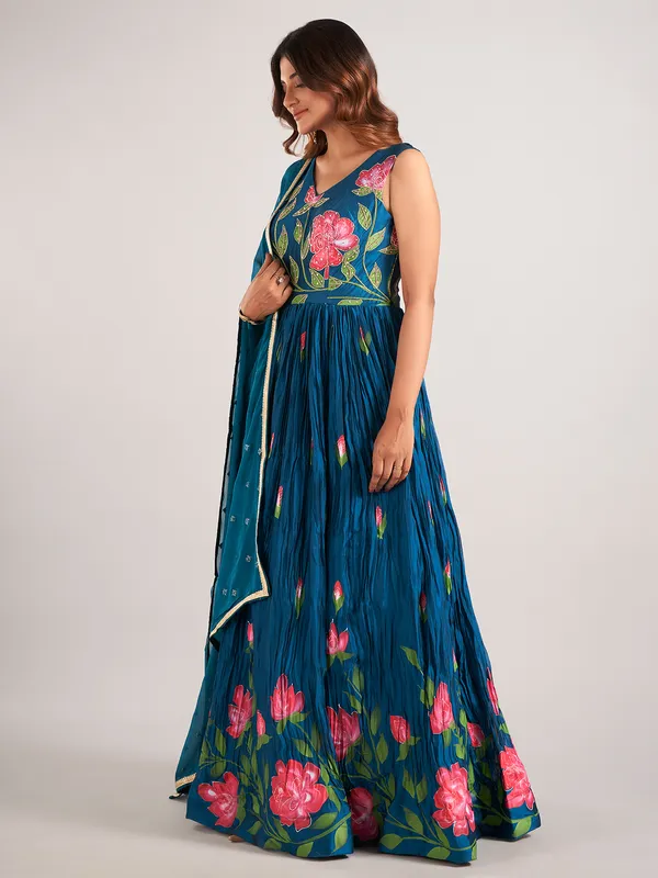 Teal blue printed anarakali suit with dupatta