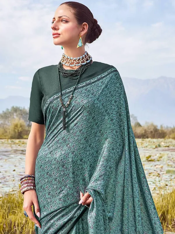 Teal blue printed bhagalpuri silk saree