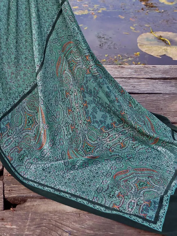 Teal blue printed bhagalpuri silk saree
