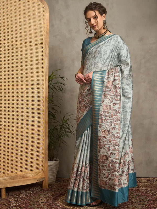 Teal blue printed bhagalpuri silk saree for women