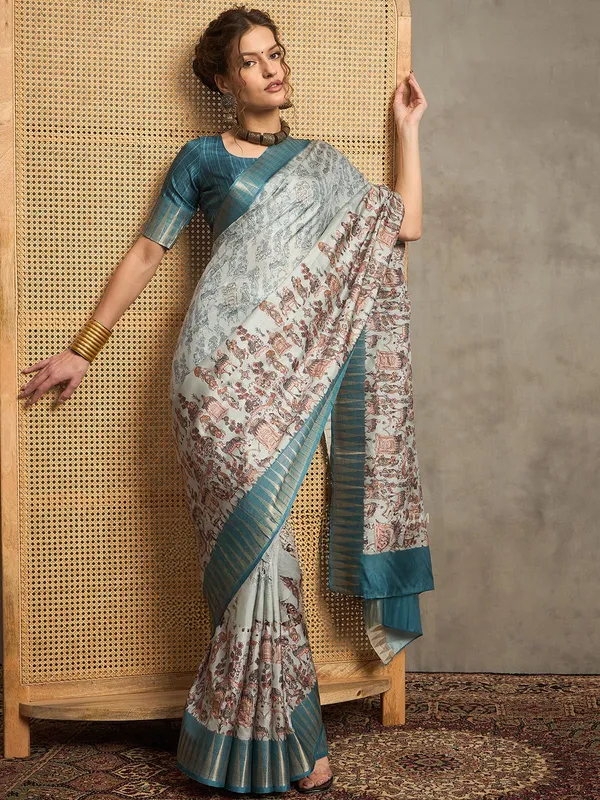 Teal blue printed bhagalpuri silk saree for women