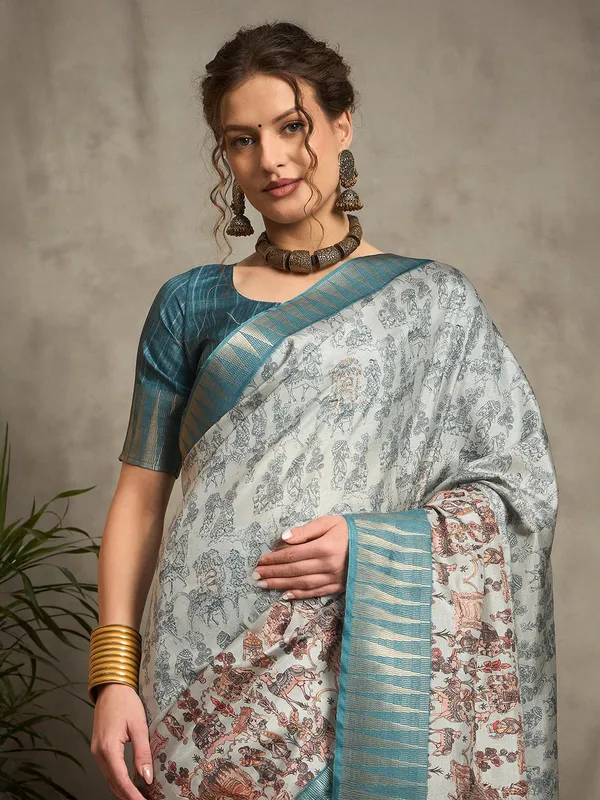 Teal blue printed bhagalpuri silk saree for women