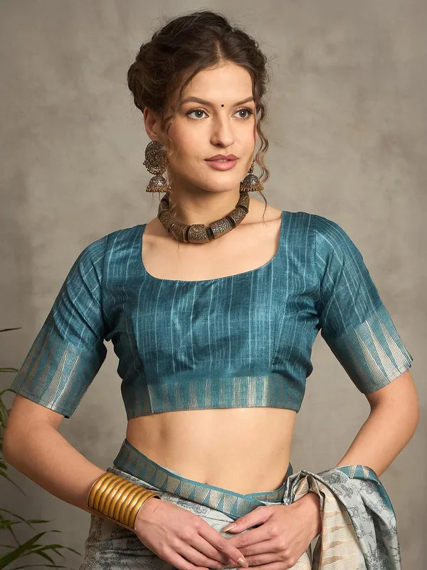 Teal blue printed bhagalpuri silk saree for women