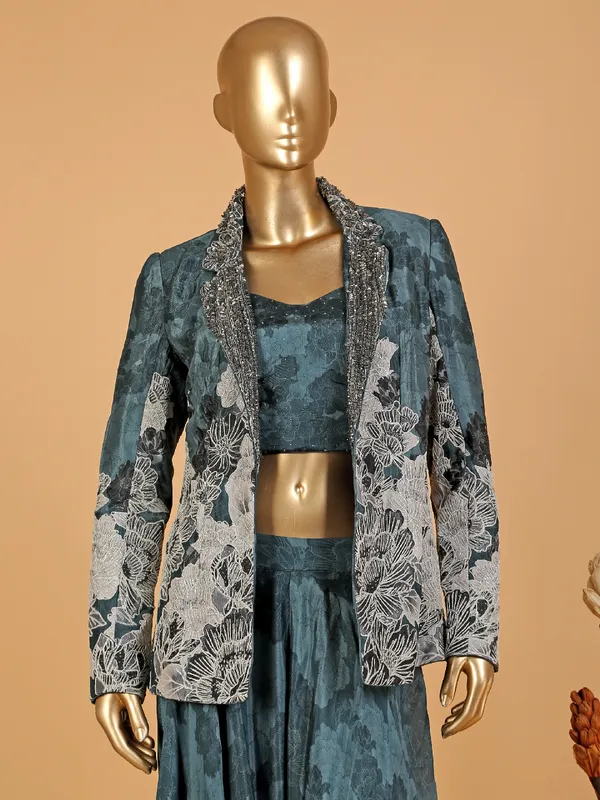 Teal blue printed jacket style palazzo suit