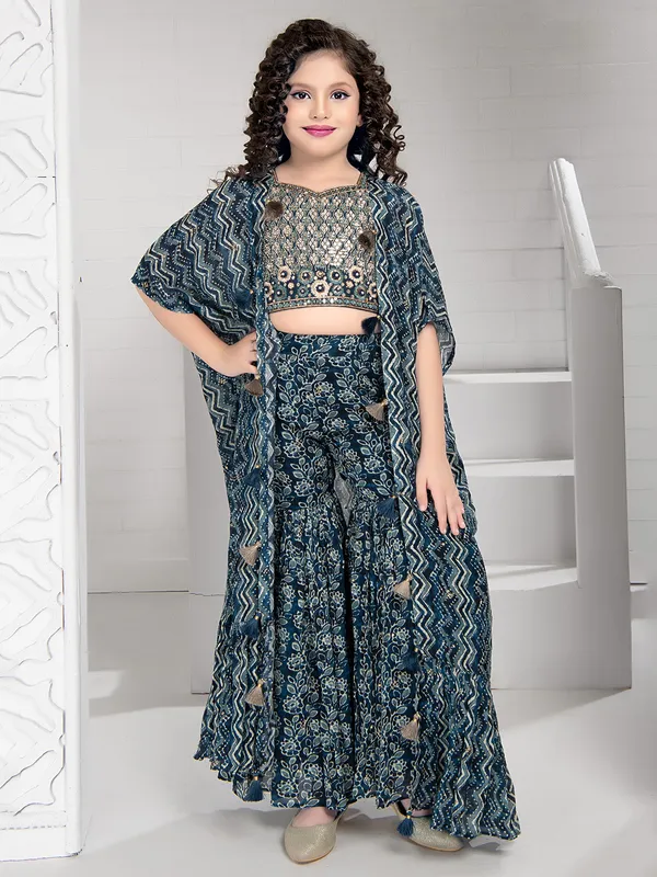 Teal blue printed jacket style sharara suit