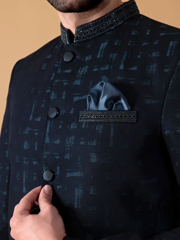 Teal blue printed jodhpuri suit