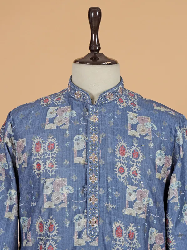 Teal blue printed kurta suit for men