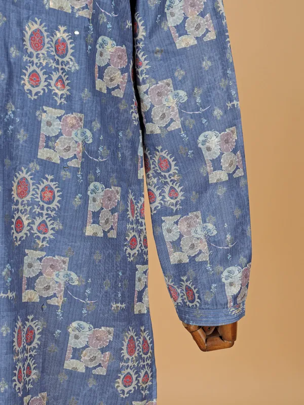 Teal blue printed kurta suit for men