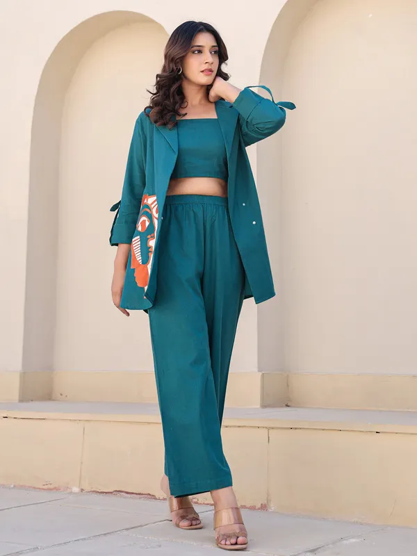 Teal blue printed palazzo set with jacket