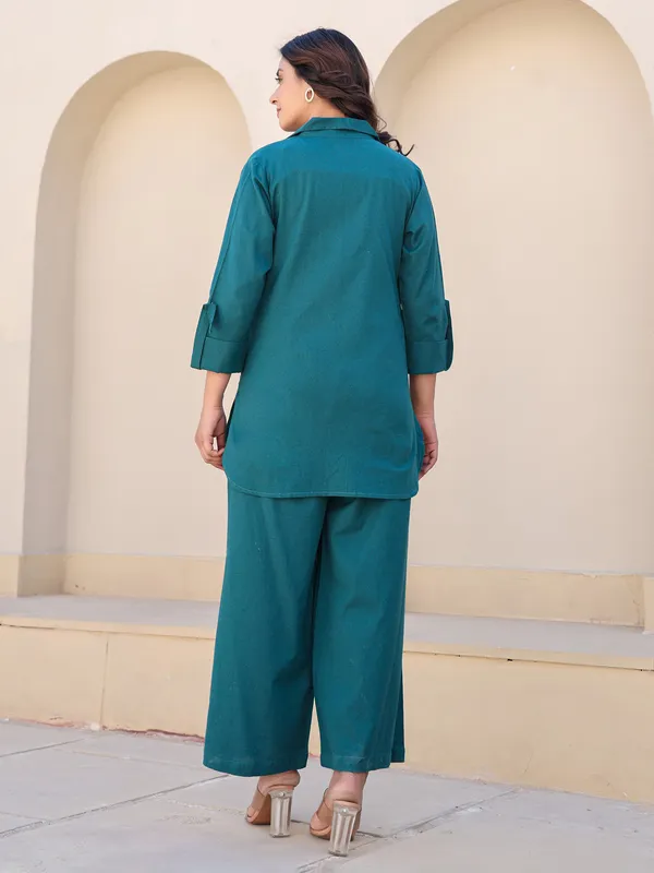 Teal blue printed palazzo set with jacket
