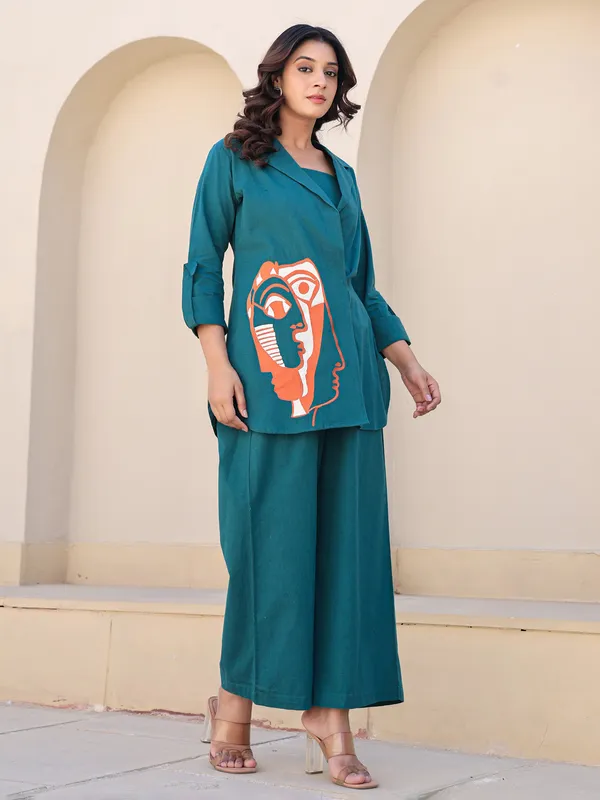 Teal blue printed palazzo set with jacket
