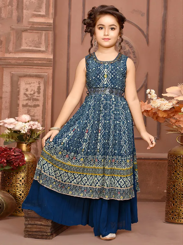 Teal blue printed palazzo suit in georgette