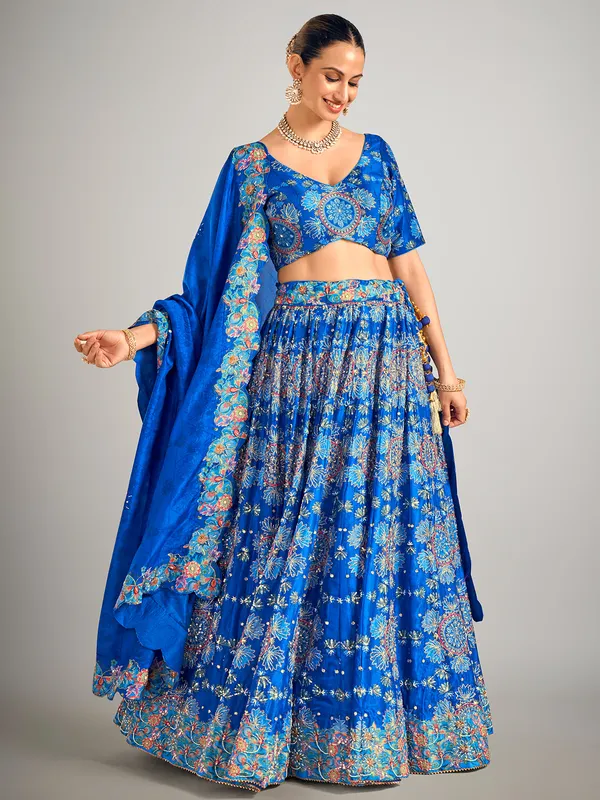 Teal blue printed silk wedding wear lehenga choli