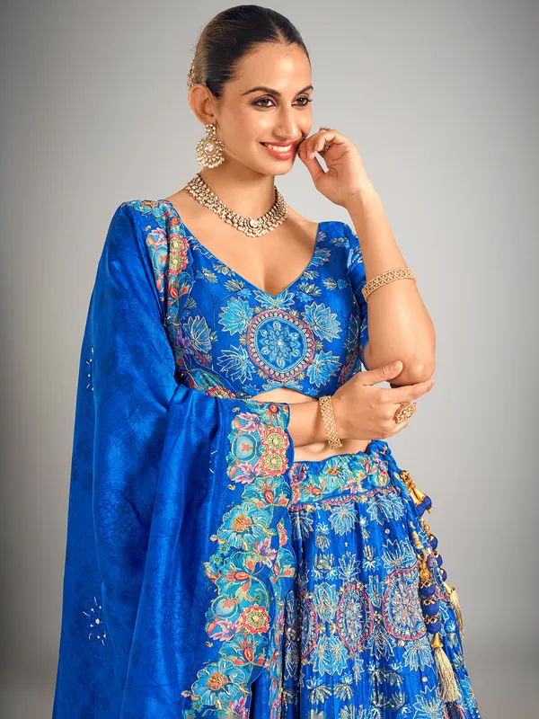 Teal blue printed silk wedding wear lehenga choli