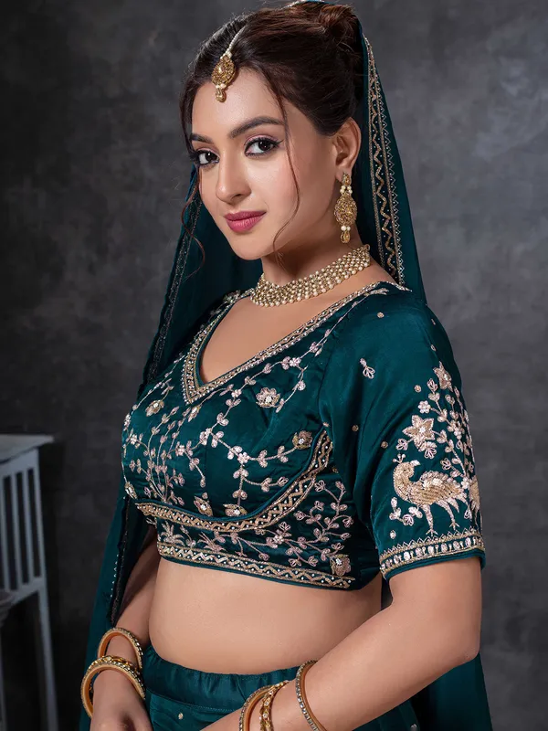 Teal blue raw silk bridal lehenga choli for wedding