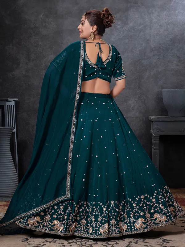 Teal blue raw silk bridal lehenga choli for wedding
