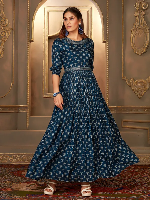 Teal blue russian silk digital printed kurti