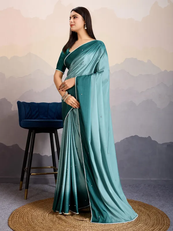 Teal blue satin silk saree for festive parties