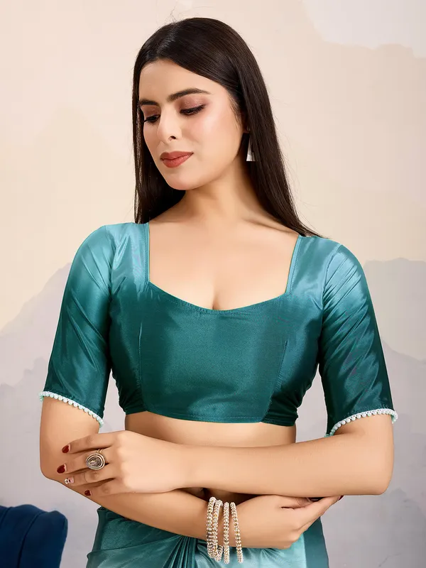 Teal blue satin silk saree for festive parties