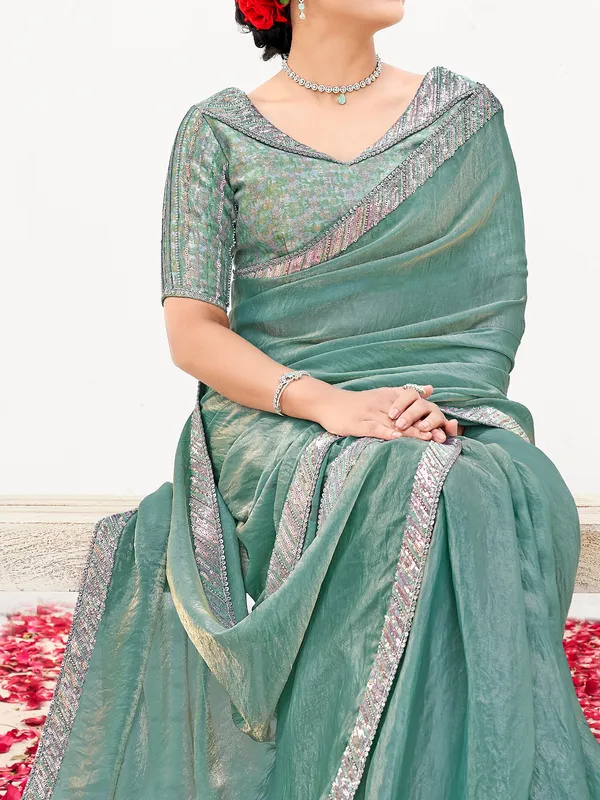 Teal blue satin silk saree with zardosi touch