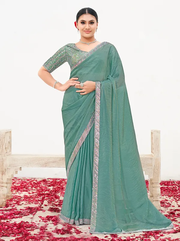 Teal blue satin silk saree with zardosi touch