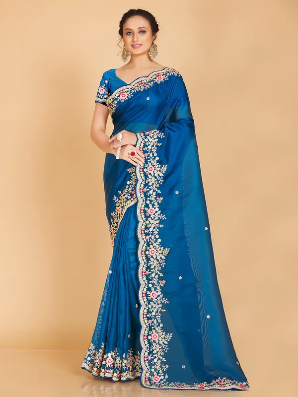 Teal blue semi organza saree