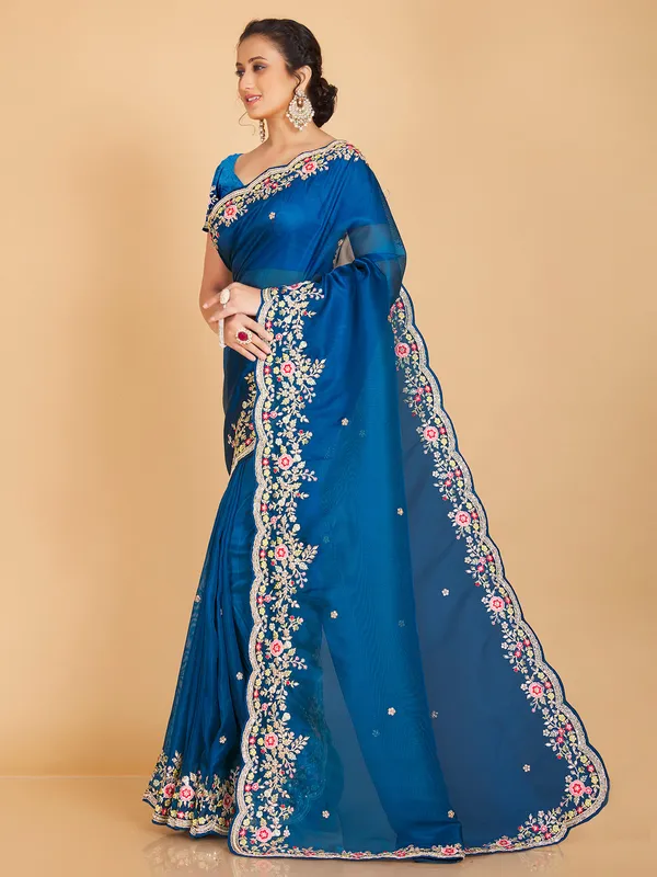 Teal blue semi organza saree