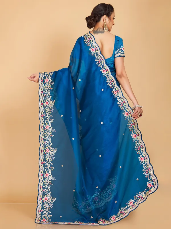 Teal blue semi organza saree
