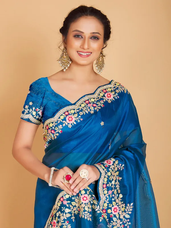 Teal blue semi organza saree