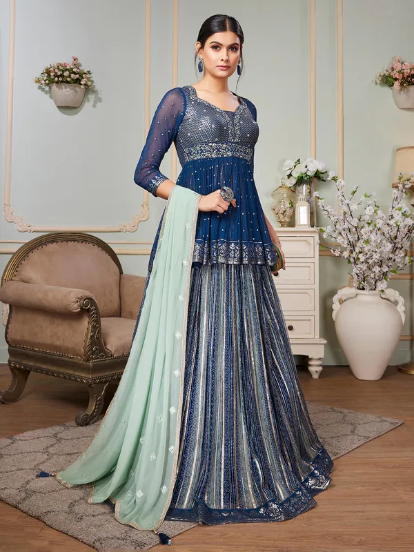 Teal blue shaded georgette lehenga choli