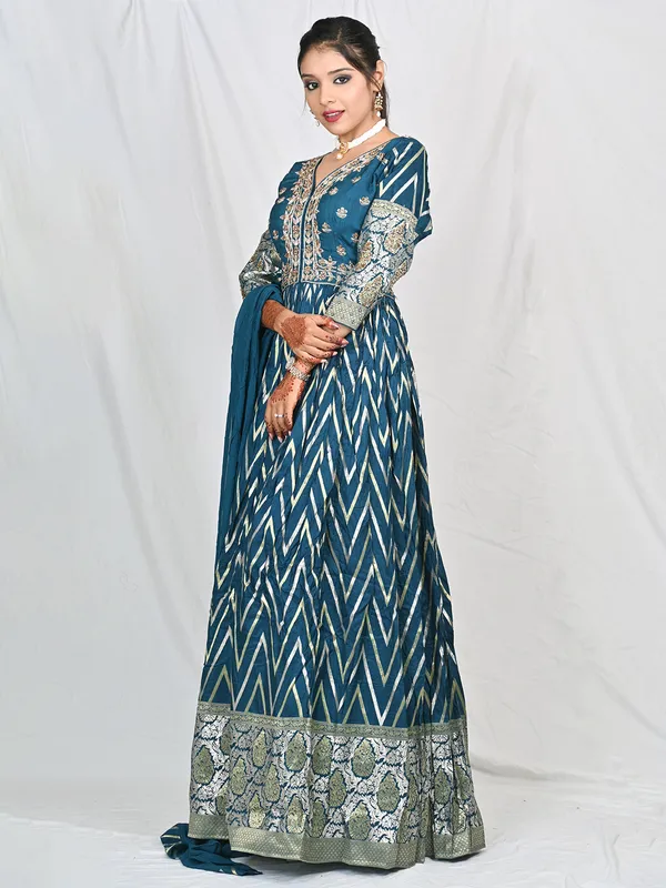 Teal blue silk anarkali suit in zig zag pattern