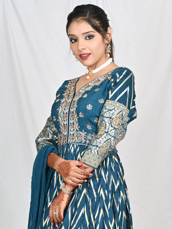 Teal blue silk anarkali suit in zig zag pattern
